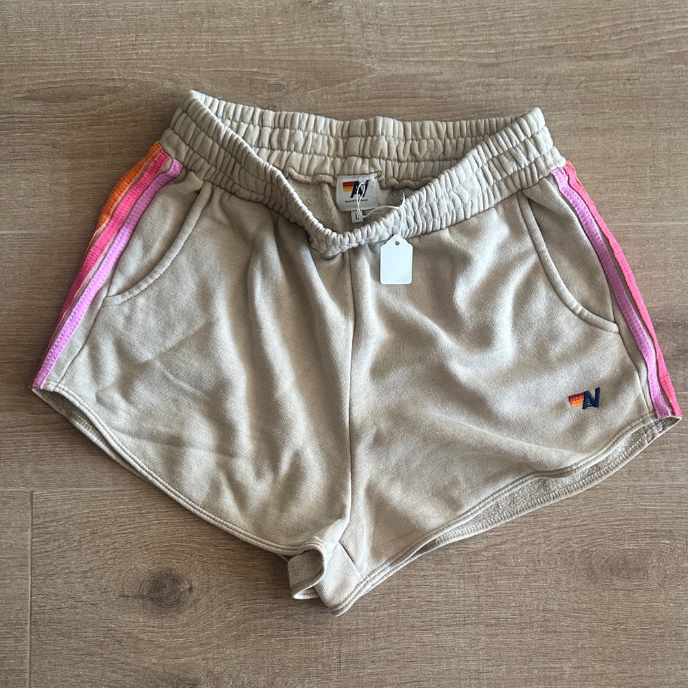 Aviator Nation Beige Athletic Shorts with Pink and Orange Side Stripes